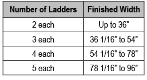 Number of Ladders,Finished Width,2 each,Up to 36” ,3 each,36 1/16” to 54”,4 each,54 1/16” to 78”,5 each,78 1/16” to 96”