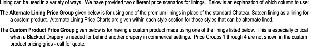 Lining can be used in a variety of ways. We have provided two different price scenarios for linings. Below is an expl...