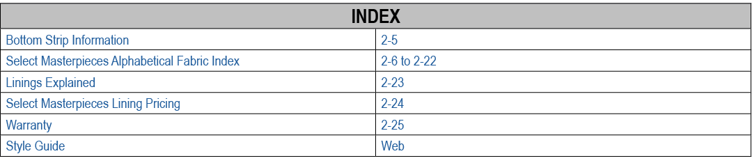 INDEX,Bottom Strip Information,2 5,Select Masterpieces Alphabetical Fabric Index,2 6 to 2 22,Linings Explained,2 23,...