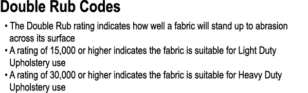 Double Rub Codes • The Double Rub rating indicates how well a fabric will stand up to abrasion across its surface • A...
