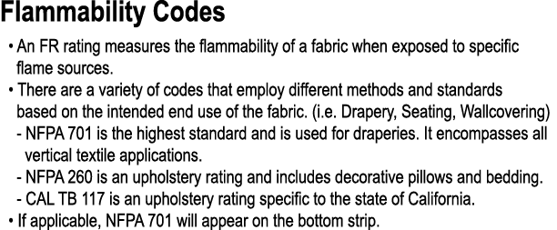 Flammability Codes • An FR rating measures the flammability of a fabric when exposed to specific flame sources. • The...