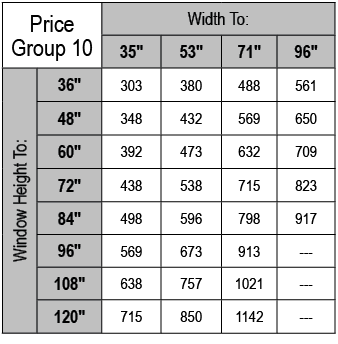 Price Group 10,Width To:,35\“,53\",71\",96\",Window Height To:,36\",303,380,488,561,48\",348,432,569,650,60\",392,473...