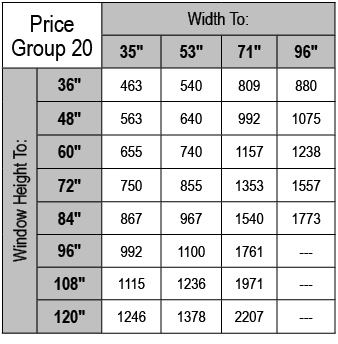Price Group 20,Width To:,35\“,53\",71\",96\",Window Height To:,36\",463,540,809,880,48\",563,640,992,1075,60\",655,74...