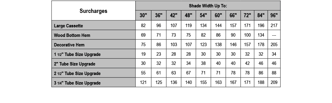 Surcharges,Shade Width Up To:,30\“,36\",42\",48\",54\",60\",66\",72\",84\",96\",Large Cassette,82,96,107,119,134,144,...