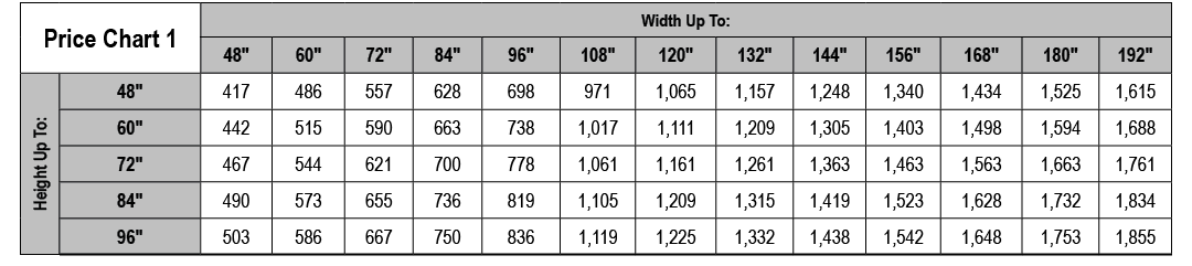 Price Chart 1,Width Up To:,48\“,60\",72\",84\",96\",108\",120\",132\",144\",156\",168\",180\",192\",Height Up To:,48\...