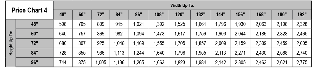 Price Chart 4,Width Up To:,48\“,60\",72\",84\",96\",108\",120\",132\",144\",156\",168\",180\",192\",Height Up To:,48\...