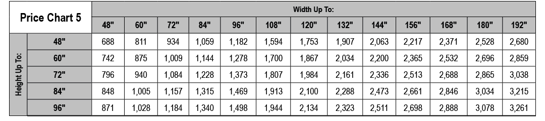 Price Chart 5,Width Up To:,48\“,60\",72\",84\",96\",108\",120\",132\",144\",156\",168\",180\",192\",Height Up To:,48\...