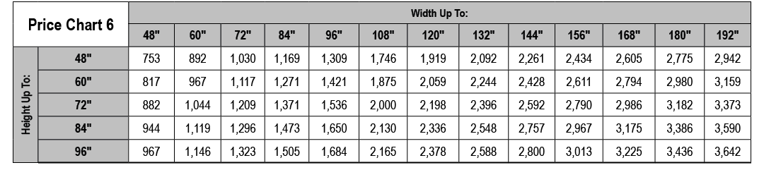 Price Chart 6,Width Up To:,48\“,60\",72\",84\",96\",108\",120\",132\",144\",156\",168\",180\",192\",Height Up To:,48\...