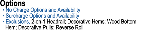 Options • No Charge Options and Availability • Surcharge Options and Availability • Exclusions, 2 on 1 Headrail; Deco...