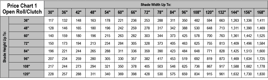 Price Chart 1 Open Roll/Clutch,Shade Width Up To:,30\“,36\",42\",48\",54\",60\",66\",72\",78\",84\",96\",108\",120\",...