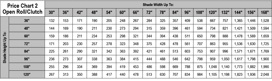 Price Chart 2 Open Roll/Clutch,Shade Width Up To:,30\“,36\",42\",48\",54\",60\",66\",72\",78\",84\",96\",108\",120\",...