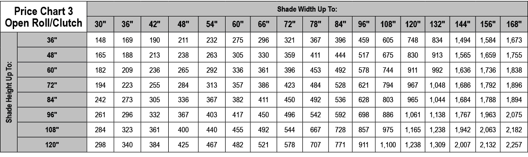 Price Chart 3 Open Roll/Clutch,Shade Width Up To:,30\“,36\",42\",48\",54\",60\",66\",72\",78\",84\",96\",108\",120\",...