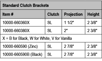 Standard Clutch Brackets,Item #,Clutch,Projection,Height,10000 660360X,SL,1 1/2\“,2 3/8\",10000 660380X,SL,2\",2 3/8\...