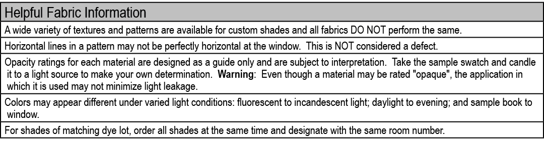 Helpful Fabric Information,A wide variety of textures and patterns are available for custom shades and all fabrics DO...