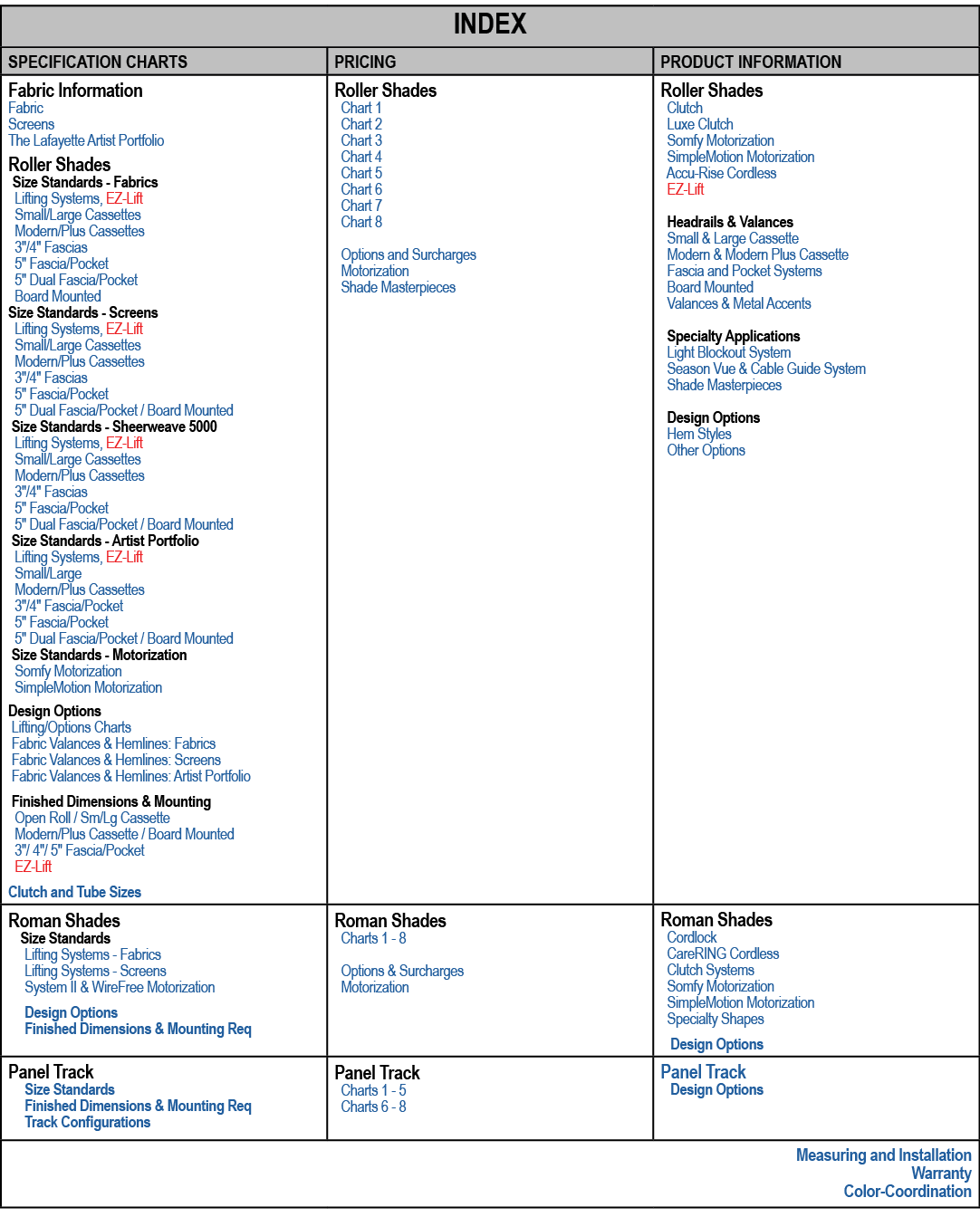 INDEX,SPECIFICATION CHARTS,PRICING,PRODUCT INFORMATION,Fabric Information Fabric Screens The Lafayette Artist Portfo...