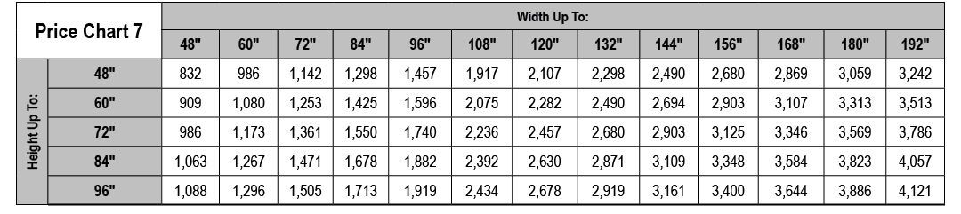 Price Chart 7,Width Up To:,48\“,60\",72\",84\",96\",108\",120\",132\",144\",156\",168\",180\",192\",Height Up To:,48\...