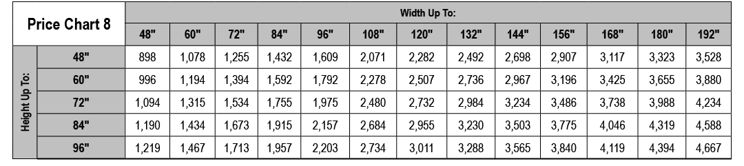 Price Chart 8,Width Up To:,48\“,60\",72\",84\",96\",108\",120\",132\",144\",156\",168\",180\",192\",Height Up To:,48\...