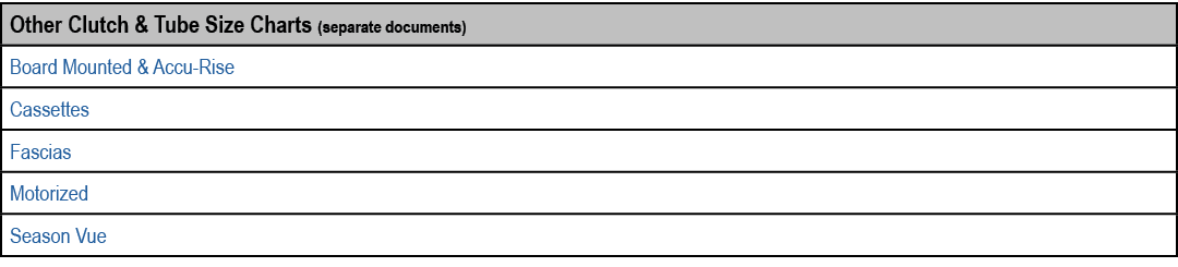 Other Clutch & Tube Size Charts (separate documents),Board Mounted & Accu Rise,Cassettes,Fascias,Motorized,Season Vue