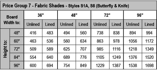 Price Group 7 - Fabric Shades - Styles S1A, S8 (Butterfly & Knife),Board Width to:,36  ,48  ,72  ,96  ,Unlined,Lined,   