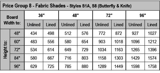 Price Group 8 - Fabric Shades - Styles S1A, S8 (Butterfly & Knife),Board Width to:,36  ,48  ,72  ,96  ,Unlined,Lined,   