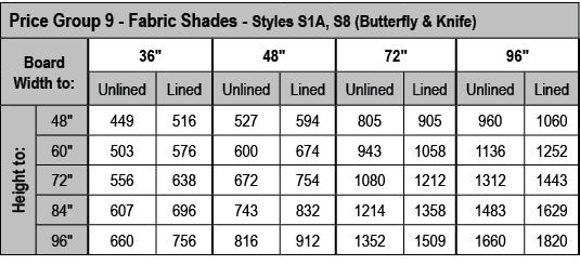 Price Group 9 - Fabric Shades - Styles S1A, S8 (Butterfly & Knife),Board Width to:,36  ,48  ,72  ,96  ,Unlined,Lined,   