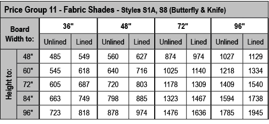 Price Group 11 - Fabric Shades - Styles S1A, S8 (Butterfly & Knife),Board Width to:,36  ,48  ,72  ,96  ,Unlined,Lined   