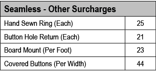 Seamless Other Surcharges,Hand Sewn Ring (Each),25,Button Hole Return (Each),21,Board Mount (Per Foot),23,Covered But...