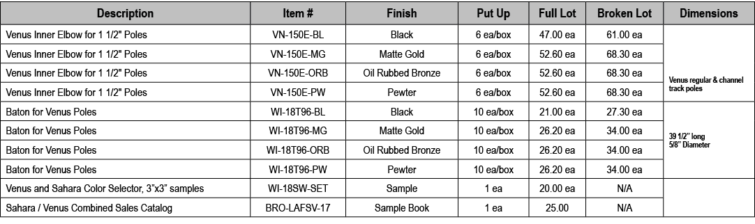 Description,Item #,Finish,Put Up,Full Lot,Broken Lot,Dimensions,Venus Inner Elbow for 1 1/2\“ Poles,VN 150E BL,Black,...