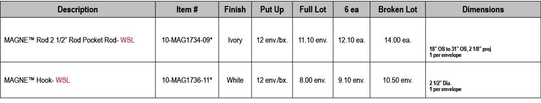 Description,Item #,Finish,Put Up,Full Lot,6 ea,Broken Lot,Dimensions,MAGNE™ Rod 2 1/2” Rod Pocket Rod WSL,10 MAG1734 ...
