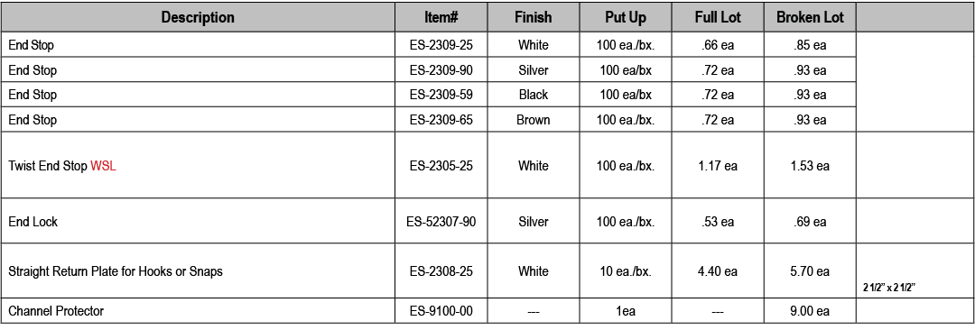 Description,Item#,Finish,Put Up,Full Lot,Broken Lot,,End Stop ,ES 2309 25,White,100 ea./bx.,.66 ea,.85 ea,,End Stop ,...