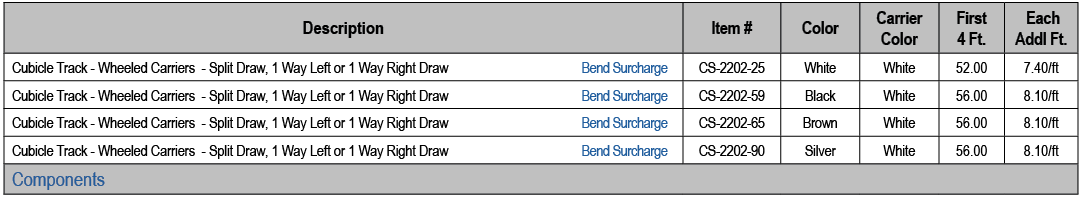 Description,Item #,Color,Carrier Color,First 4 Ft., Each Addl Ft.,Cubicle Track Wheeled Carriers Split Draw, 1 Way Le...