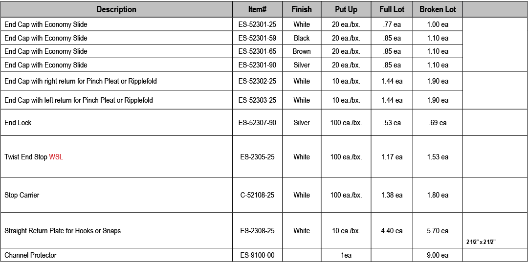 Description,Item#,Finish,Put Up,Full Lot,Broken Lot,,End Cap with Economy Slide,ES 52301 25,White,20 ea./bx.,.77 ea,1...