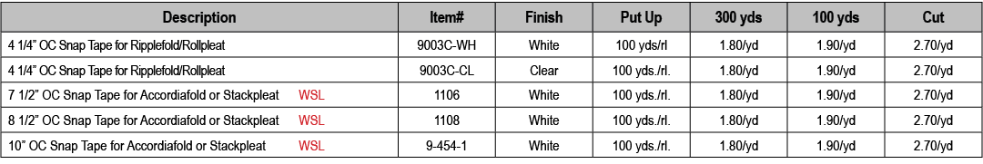 Description,Item#,Finish,Put Up,300 yds,100 yds,Cut,4 1/4” OC Snap Tape for Ripplefold/Rollpleat,9003C WH,White ,100 ...
