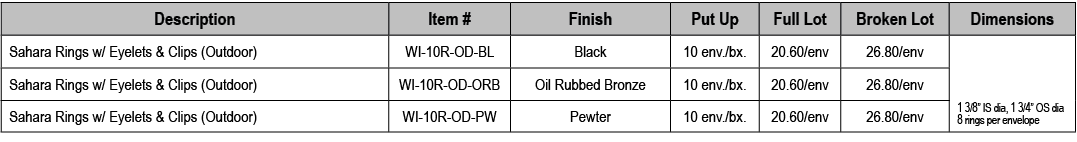 Description,Item #,Finish,Put Up,Full Lot,Broken Lot,Dimensions,Sahara Rings w/ Eyelets & Clips (Outdoor),WI 10R OD B...