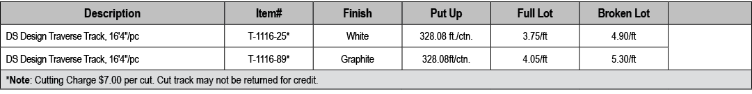 Description,Item#,Finish,Put Up,Full Lot,Broken Lot,,DS Design Traverse Track, 16'4\“/pc,T 1116 25*,White,328.08 ft./...