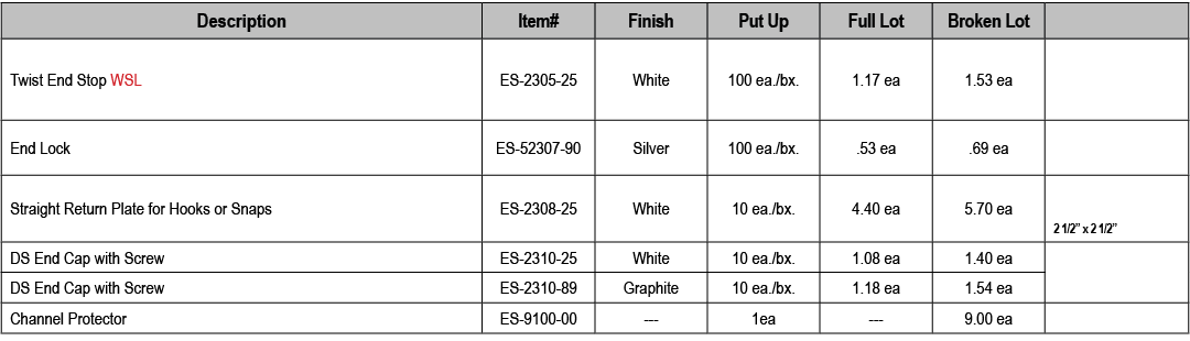 Description,Item#,Finish,Put Up,Full Lot,Broken Lot,,Twist End Stop WSL,ES 2305 25,White,100 ea./bx.,1.17 ea,1.53 ea,...