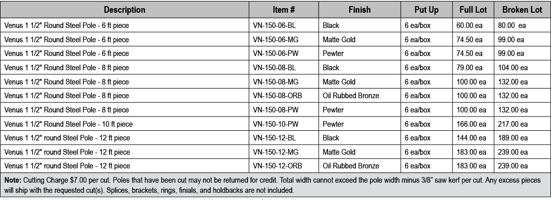 Description,Item #,Finish,Put Up,Full Lot,Broken Lot,Venus 1 1/2\“ Round Steel Pole 6 ft piece,VN 150 06 BL,Black,6 e...