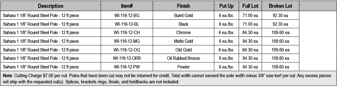 Description,Item#,Finish,Put Up,Full Lot,Broken Lot,,Sahara 1 1/8” Round Steel Pole 12 ft piece,WI 118 12 BG,Burnt Go...