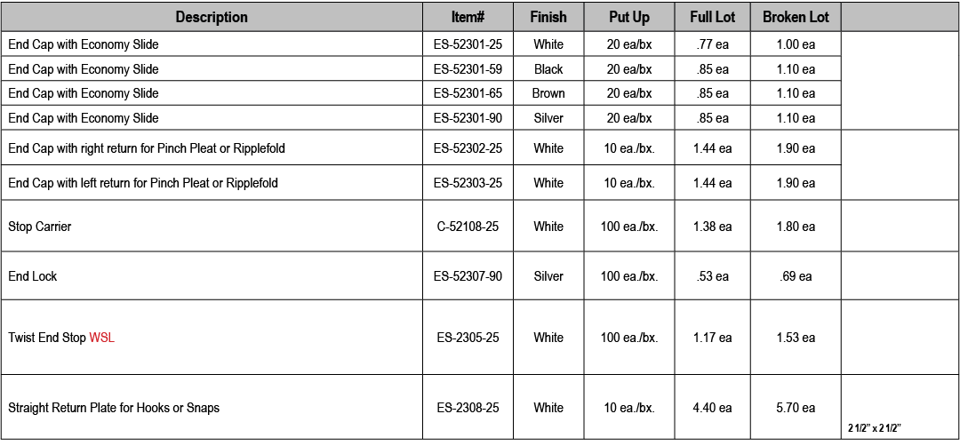 Description,Item#,Finish,Put Up,Full Lot,Broken Lot,,End Cap with Economy Slide,ES 52301 25,White,20 ea/bx,.77 ea,1.0...