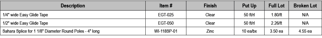 Description,Item #,Finish,Put Up,Full Lot,Broken Lot,1/4\“ wide Easy Glide Tape,EGT 025,Clear,50 ft/rl,1.80/ft,N/A,1/...