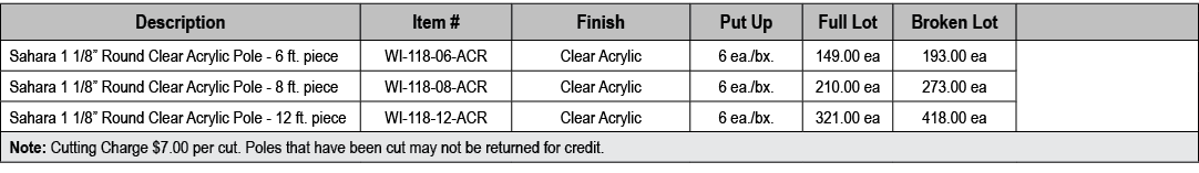 Description,Item #,Finish,Put Up,Full Lot,Broken Lot,,Sahara 1 1/8” Round Clear Acrylic Pole 6 ft. piece,WI 118 06 AC...