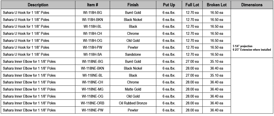 Description,Item #,Finish,Put Up,Full Lot,Broken Lot,Dimensions,Sahara U Hook for 1 1/8” Poles,WI 118H BG,Burnt Gold,...