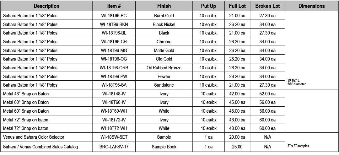 Description,Item #,Finish,Put Up,Full Lot,Broken Lot,Dimensions,Sahara Baton for 1 1/8” Poles,WI 18T96 BG,Burnt Gold,...