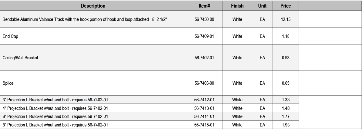 Description,Item#,Finish,Unit,Price,,Bendable Aluminum Valance Track with the hook portion of hook and loop attached ...