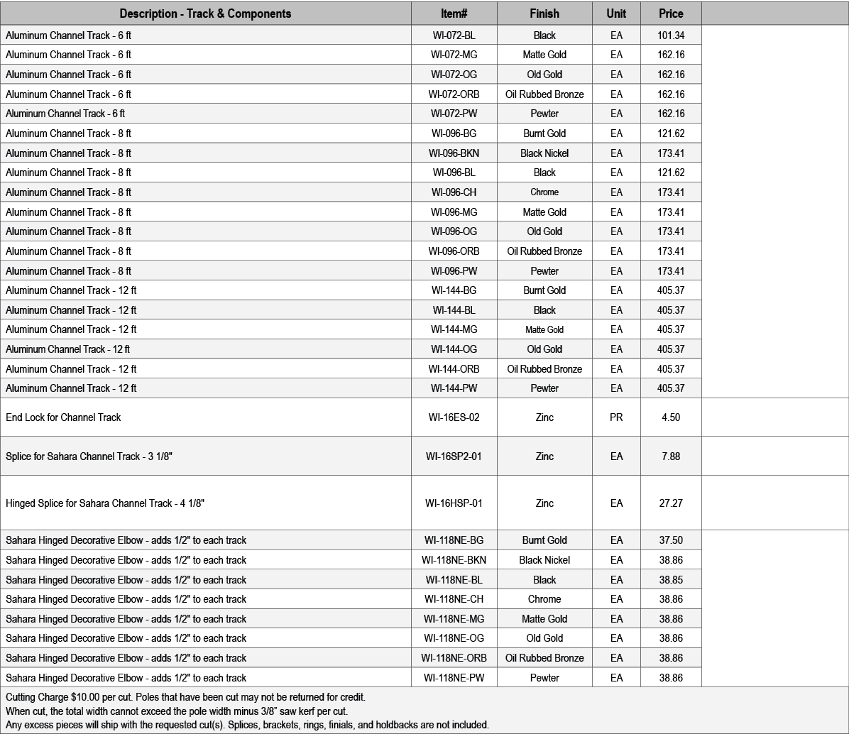 Description Track & Components,Item#,Finish,Unit,Price,,Aluminum Channel Track 6 ft ,WI 072 BL,Black,EA,101.34,,Alumi...