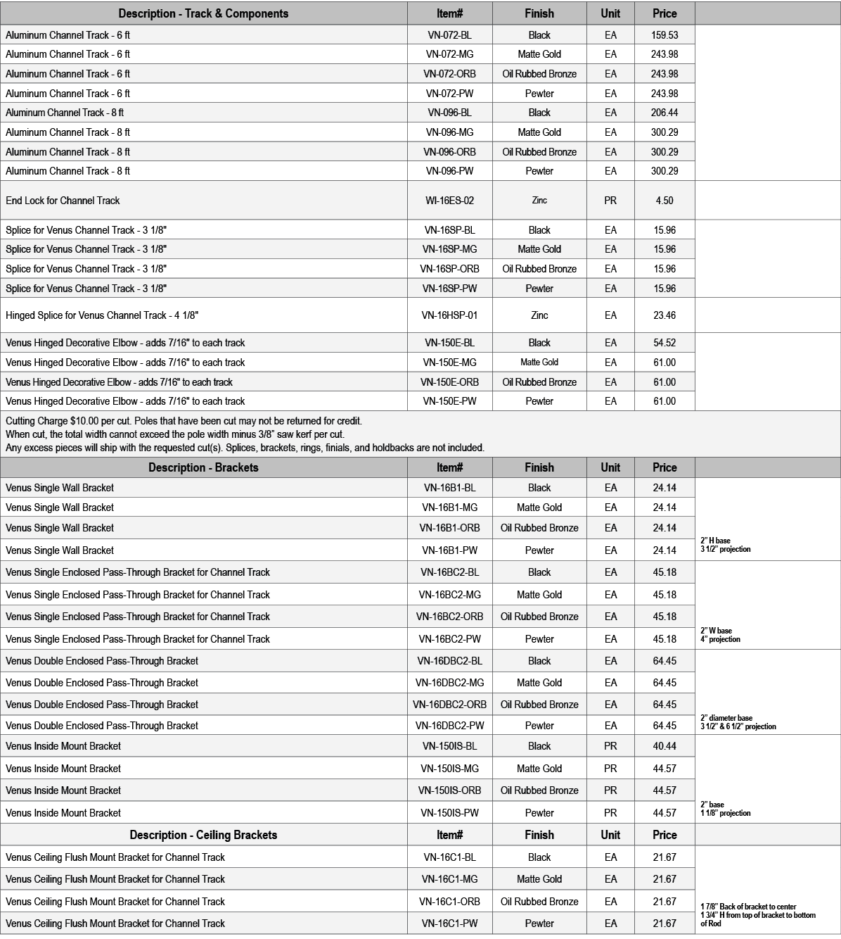 Description Track & Components,Item#,Finish,Unit,Price,,Aluminum Channel Track 6 ft ,VN 072 BL,Black,EA,159.53,,Alumi...