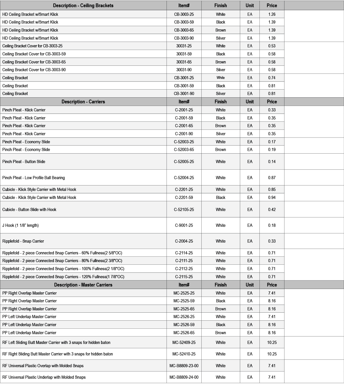 Description Ceiling Brackets,Item#,Finish,Unit,Price,,HD Ceiling Bracket w/Smart Klick,CB 3003 25,White,EA,1.26,,HD C...