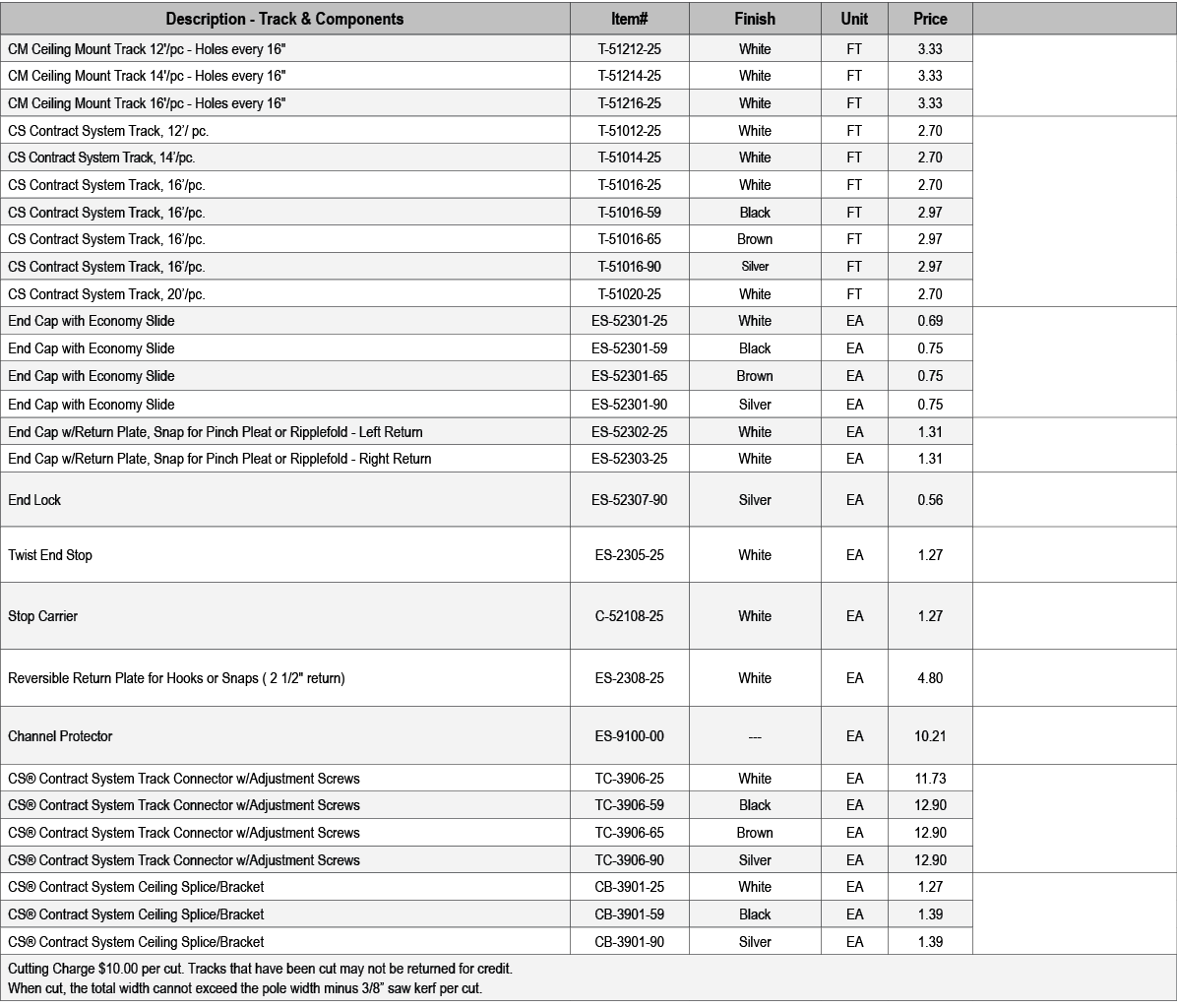 Description Track & Components,Item#,Finish,Unit,Price,,CM Ceiling Mount Track 12'/pc Holes every 16\“,T 51212 25,Whi...