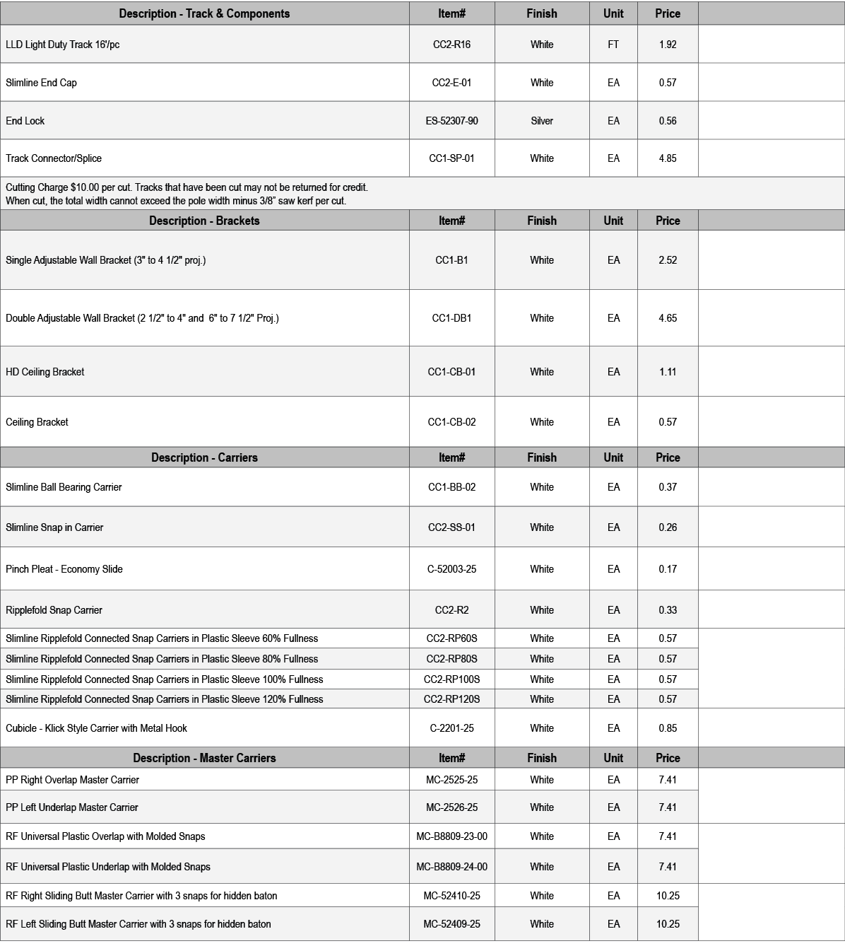 Description Track & Components,Item#,Finish,Unit,Price,,LLD Light Duty Track 16'/pc,CC2 R16,White,FT,1.92,,Slimline E...