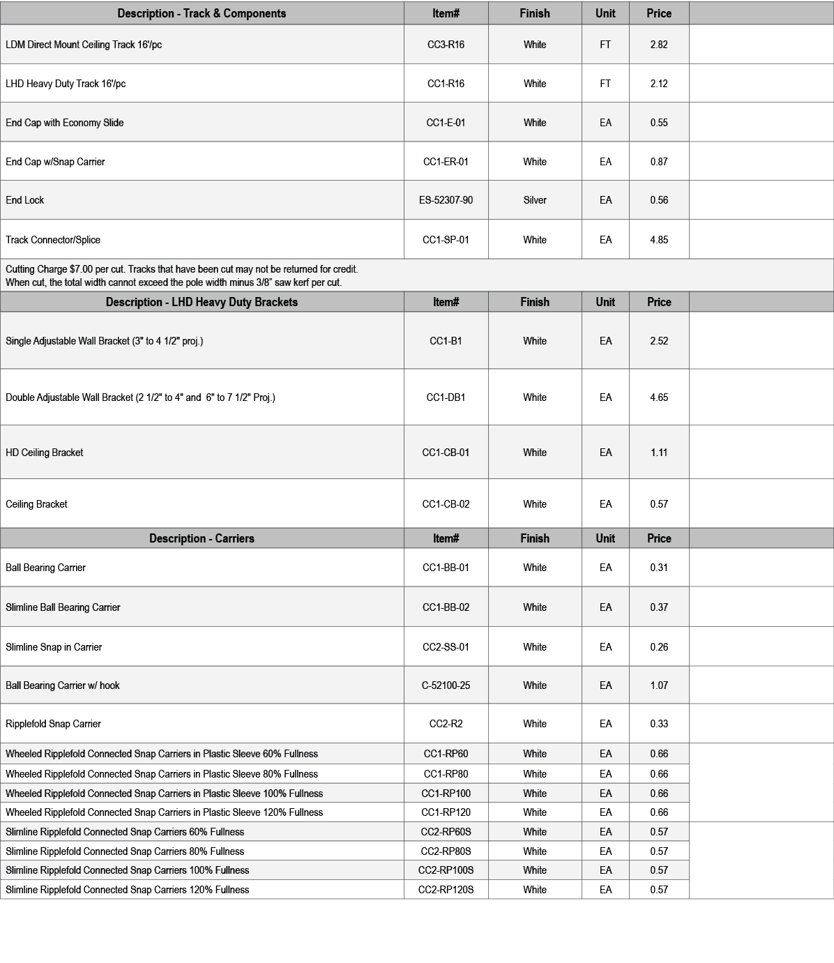 Description Track & Components,Item#,Finish,Unit,Price,,LDM Direct Mount Ceiling Track 16'/pc,CC3 R16,White,FT,2.82,,...